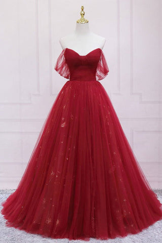 Off Shoulder Burgundy Tulle Long Prom Dresses, Off the Shoulder Burgundy Formal Dresses, Burgundy Evening Dresses