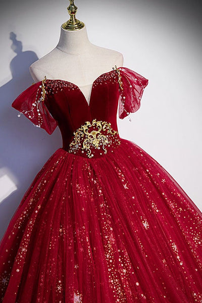 Off Shoulder Burgundy Tulle Long Prom Dresses, Shiny Sequins Burgundy Formal Evening Dresses, Burgundy Ball Gown