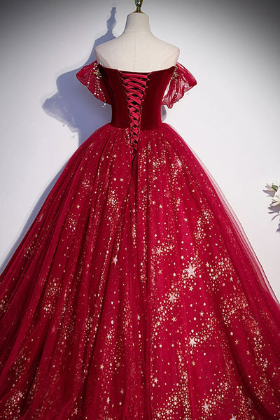 Off Shoulder Burgundy Tulle Long Prom Dresses, Shiny Sequins Burgundy Formal Evening Dresses, Burgundy Ball Gown