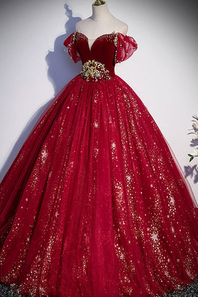 Off Shoulder Burgundy Tulle Long Prom Dresses, Shiny Sequins Burgundy Formal Evening Dresses, Burgundy Ball Gown
