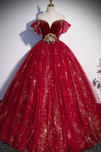Off Shoulder Burgundy Tulle Long Prom Dresses, Shiny Sequins Burgundy Formal Evening Dresses, Burgundy Ball Gown