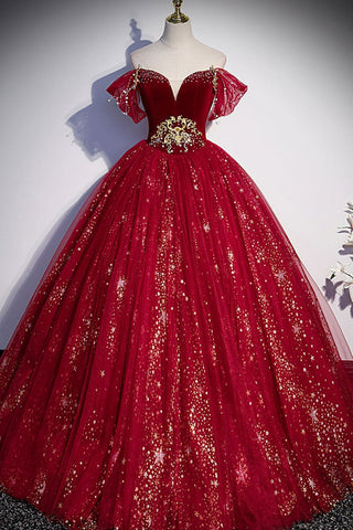 Off Shoulder Burgundy Tulle Long Prom Dresses, Shiny Sequins Burgundy Formal Evening Dresses, Burgundy Ball Gown