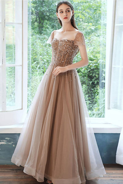 Off Shoulder Champagne Sequins Long Prom Dresses, Champagne Sequins Formal Evening Dresses