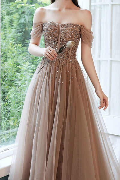 Off Shoulder Champagne Sequins Long Prom Dresses, Champagne Sequins Formal Evening Dresses