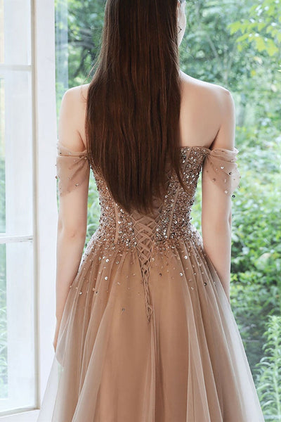 Off Shoulder Champagne Sequins Long Prom Dresses, Champagne Sequins Formal Evening Dresses