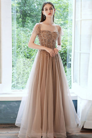 Off Shoulder Champagne Sequins Long Prom Dresses, Champagne Sequins Formal Evening Dresses