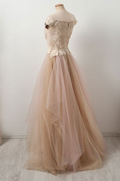 Off Shoulder Champagne Tulle Lace Floral Long Prom Dresses, Off the Shoulder Champagne Formal Dresses, Champagne Lace Evening Dresses