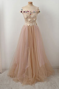 Off Shoulder Champagne Tulle Lace Floral Long Prom Dresses, Off the Shoulder Champagne Formal Dresses, Champagne Lace Evening Dresses