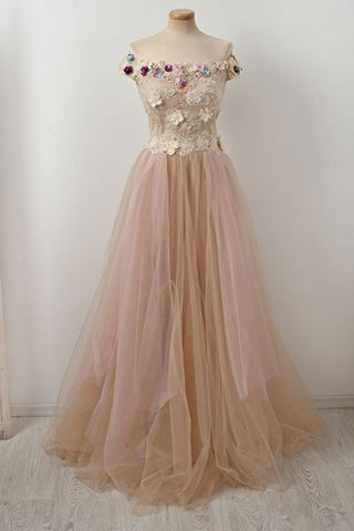 Off Shoulder Champagne Tulle Lace Floral Long Prom Dresses, Off the Shoulder Champagne Formal Dresses, Champagne Lace Evening Dresses