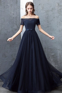 Off Shoulder Dark Blue Long Prom Dresses, Dark Blue Formal Dresses, Off the Shoulder Evening Dresses