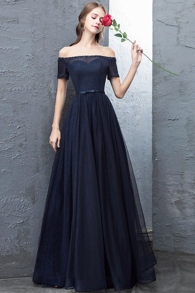 Off Shoulder Dark Blue Long Prom Dresses, Dark Blue Formal Dresses, Off the Shoulder Evening Dresses