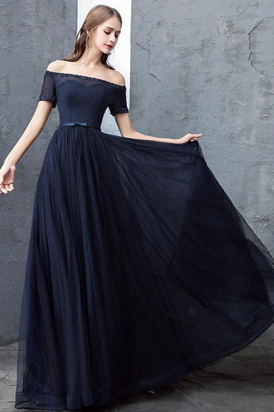 Off Shoulder Dark Blue Long Prom Dresses, Dark Blue Formal Dresses, Off the Shoulder Evening Dresses