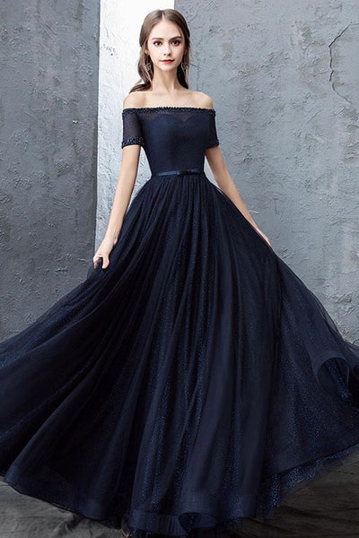 Off Shoulder Dark Blue Long Prom Dresses, Dark Blue Formal Dresses, Off the Shoulder Evening Dresses