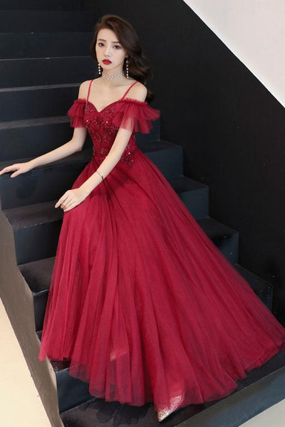 Off Shoulder Floor Length Burgundy Lace Beaded Long Prom Dresses, Off Shoulder Burgundy Formal Evening Dresses