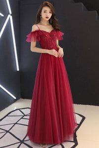 Off Shoulder Floor Length Burgundy Lace Beaded Long Prom Dresses, Off Shoulder Burgundy Formal Evening Dresses