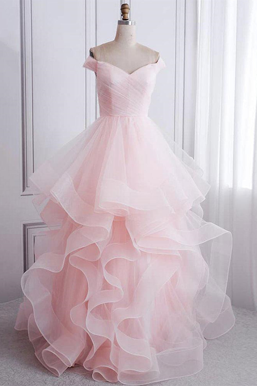 Off Shoulder Fluffy Pink Tulle Long Prom Dresses, Off Shoulder Pink Formal Dresses, Pink Evening Dresses