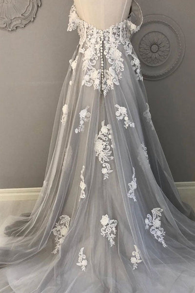 Off Shoulder Gray Tulle Long Prom Dresses with Lace Appliques, Gray Lace Formal Dresses, Long Gray Evening Dresses