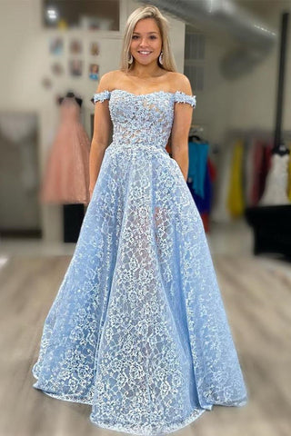 Off Shoulder Light Blue Lace Long Prom Dresses, Off the Shoulder Light Blue Formal Dresses, Blue Lace Evening Dresses
