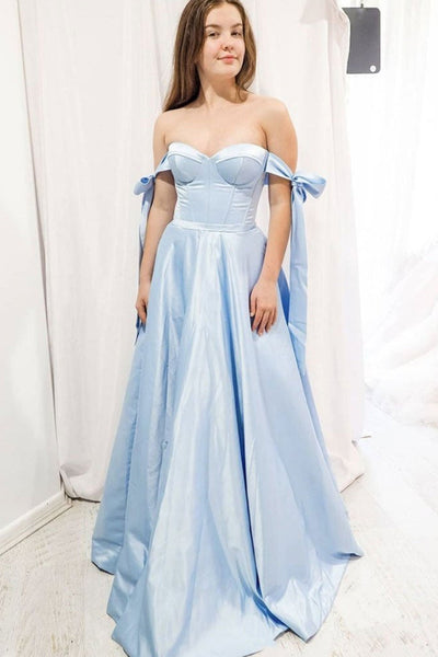 Off Shoulder Light Blue Long Prom Dresses, Light Blue Formal Graduation Evening Dresses