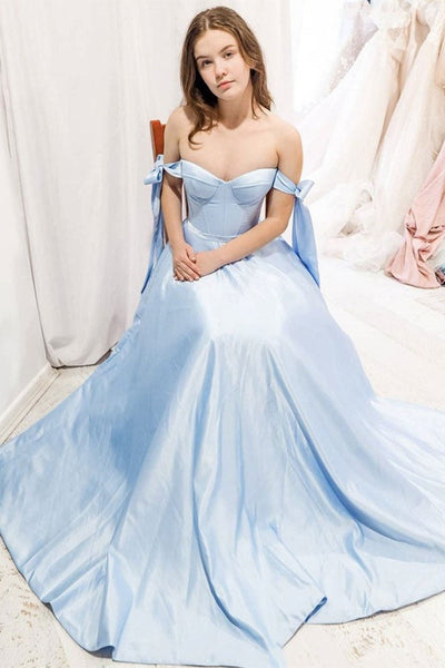 Off Shoulder Light Blue Long Prom Dresses, Light Blue Formal Graduation Evening Dresses