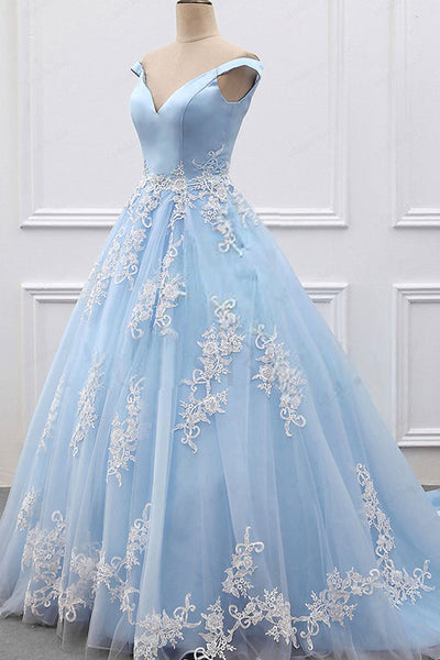 Off Shoulder Light Blue Long Prom Dresses with Lace Appliques, Light Blue Lace Formal Evening Dresses, Light Blue Ball Gown