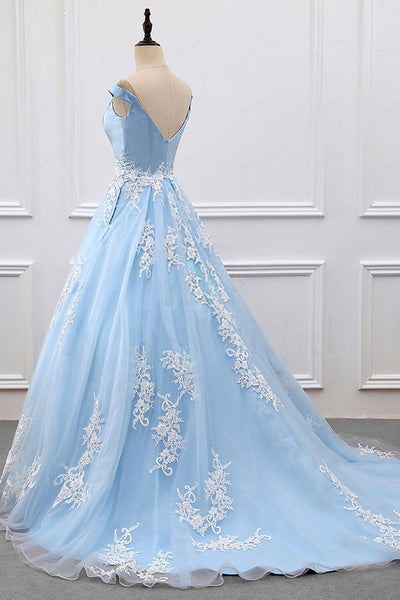 Off Shoulder Light Blue Long Prom Dresses with Lace Appliques, Light Blue Lace Formal Evening Dresses, Light Blue Ball Gown