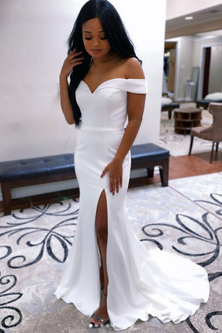 Off Shoulder Mermaid White Long Prom Dresses with High Slit, Mermaid White Formal Dresses, White Evening Dresses