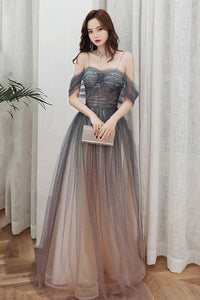 Off Shoulder Ombre Tulle Beaded Long Prom Dresses, Long Ombre Formal Graduation Evening Dresses