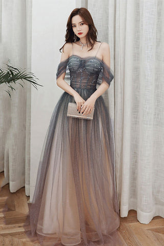Off Shoulder Ombre Tulle Beaded Long Prom Dresses, Long Ombre Formal Graduation Evening Dresses