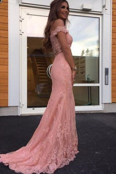 Off Shoulder Pink Lace Long Prom Dresses, Off Shoulder Pink Bridesmaid Dresses, Pink Lace Formal Evening Dresses