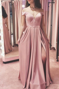 Off Shoulder Pink Satin Long Prom Dresses, High Slit Pink Formal Graduation Evening Dresses