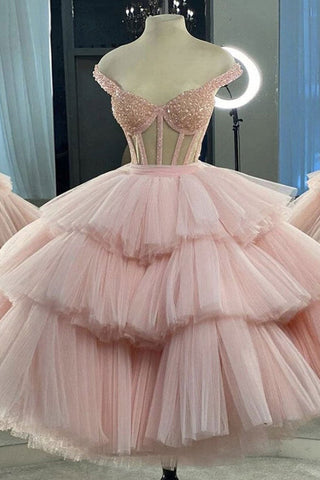 Off Shoulder Pink Tulle Beaded Layered Short Prom Homecoming Dresses, Off the Shoulder Pink Formal Graduation Evening Dresses