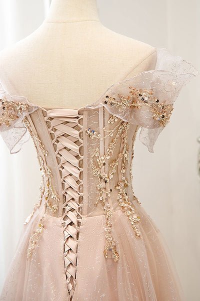 Off Shoulder Pink Tulle Long Prom Dresses with Sequins, Off Shoulder Pink Formal Dresses, Beaded Pink Evening Dresses