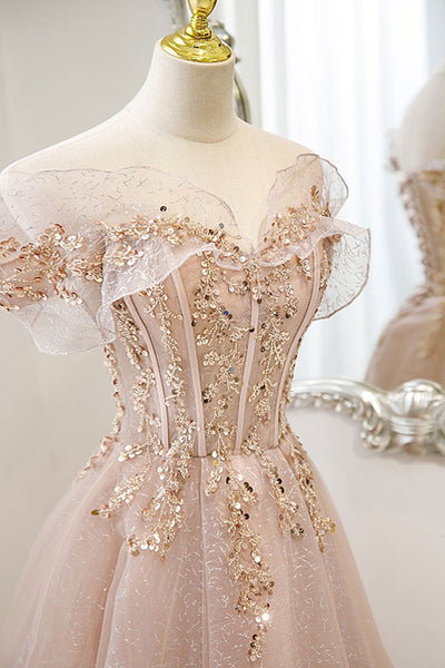 Off Shoulder Pink Tulle Long Prom Dresses with Sequins, Off Shoulder Pink Formal Dresses, Beaded Pink Evening Dresses