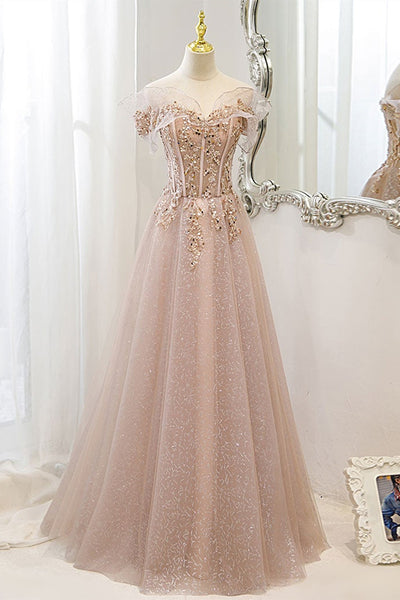 Off Shoulder Pink Tulle Long Prom Dresses with Sequins, Off Shoulder Pink Formal Dresses, Beaded Pink Evening Dresses