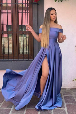 Off Shoulder Purple Long Prom Dresses with High Slit, Off the Shoulder Purple Formal Evening Dresses