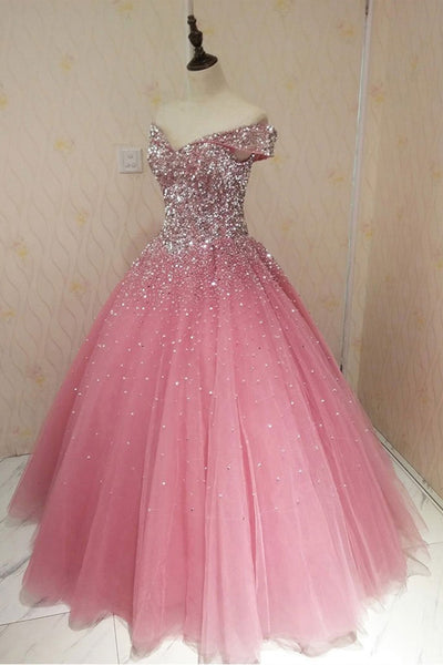 Off Shoulder Sequins Beaded Pink Long Prom Dresses, Off Shoulder Pink Formal Dresses, Pink Evening Dresses, Ball Gown