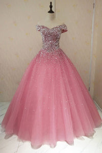 Off Shoulder Sequins Beaded Pink Long Prom Dresses, Off Shoulder Pink Formal Dresses, Pink Evening Dresses, Ball Gown