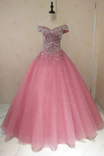 Off Shoulder Sequins Beaded Pink Long Prom Dresses, Off Shoulder Pink Formal Dresses, Pink Evening Dresses, Ball Gown