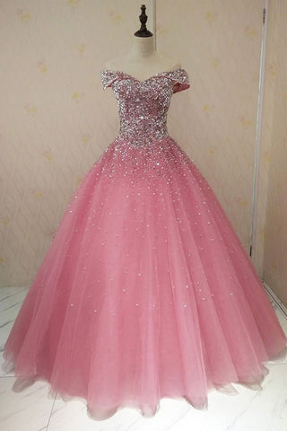 Off Shoulder Sequins Beaded Pink Long Prom Dresses, Off Shoulder Pink Formal Dresses, Pink Evening Dresses, Ball Gown
