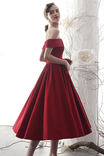 Off Shoulder Tea Length Burgundy Prom Dresses, Burgundy Formal Graduation Evening Dresses