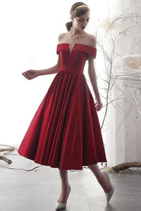 Off Shoulder Tea Length Burgundy Prom Dresses, Burgundy Formal Graduation Evening Dresses