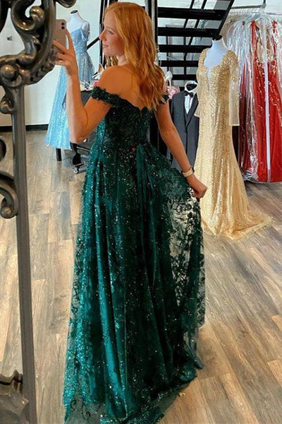 Off Shoulder V Neck Green Lace Long Prom Dresses, Green Lace Formal Dresses, High Slit Green Evening Dresses