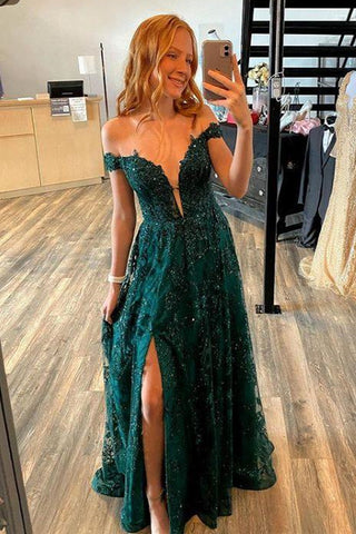 Off Shoulder V Neck Green Lace Long Prom Dresses, Green Lace Formal Dresses, High Slit Green Evening Dresses