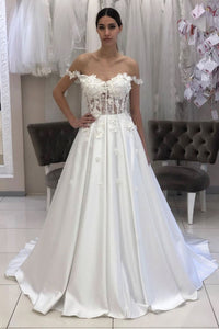 Off Shoulder White Lace Floral Long Prom Dresses, White Lace Formal Dresses, White Evening Dresses with 3D Flowers