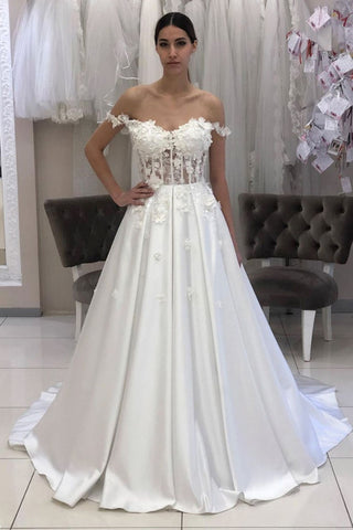 Off Shoulder White Lace Floral Long Prom Dresses, White Lace Formal Dresses, White Evening Dresses with 3D Flowers
