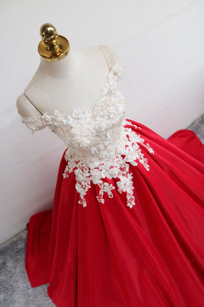 Off Shoulder White Lace Red Satin Long Prom Dresses, Red Lace Formal Dresses, Off Shoulder Red Evening Dresses