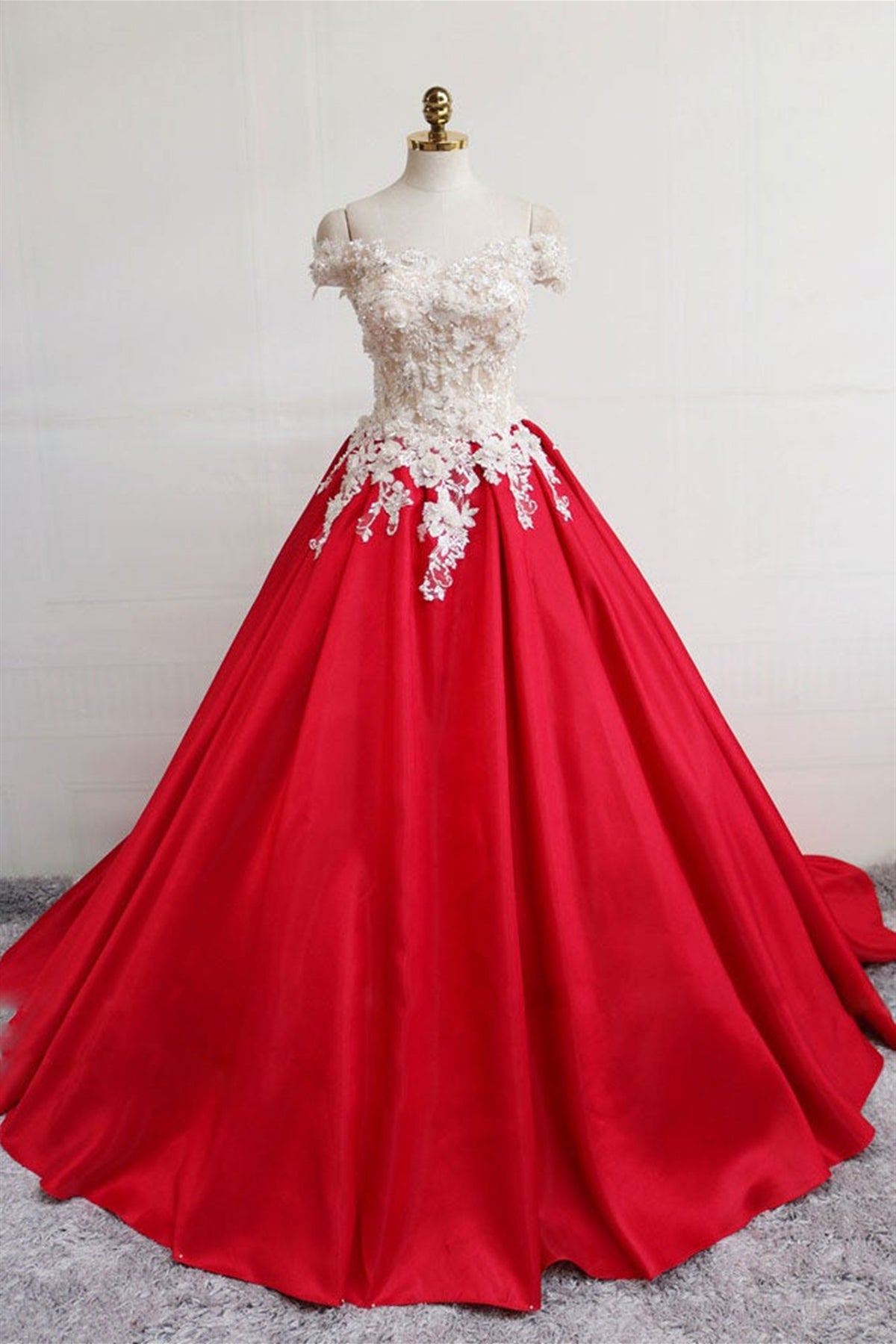 Off Shoulder White Lace Red Satin Long Prom Dresses, Red Lace Formal Dresses, Off Shoulder Red Evening Dresses