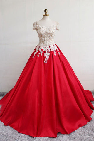 Off Shoulder White Lace Red Satin Long Prom Dresses, Red Lace Formal Dresses, Off Shoulder Red Evening Dresses