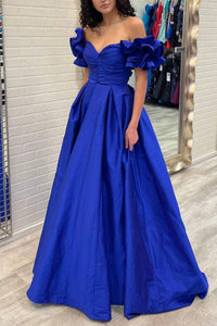 Off the Shoulder Royal Blue Satin Prom Dresses, Royal Blue Satin Long Formal Graduation Dresses